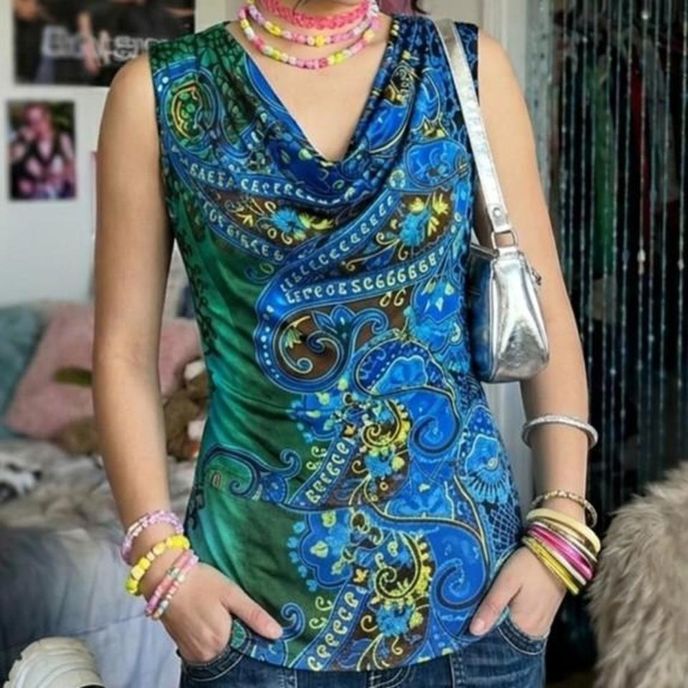 VINTAGE Y2K JENNIE & MARLIS COWL NECK‎ TOP cyber mcbling mallgoth fairy  siren S